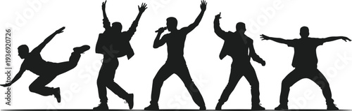 Male dancer and singer silhouettes performing energetic stage poses isolated on white background representing music performance, dance, entertainment and nightlife concept