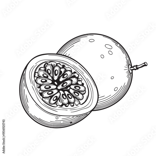 Passion fruit sliced in half revealing juicy pulp and seeds next to whole fruit on white background. Healthy organic fruit illustration for food and drink.