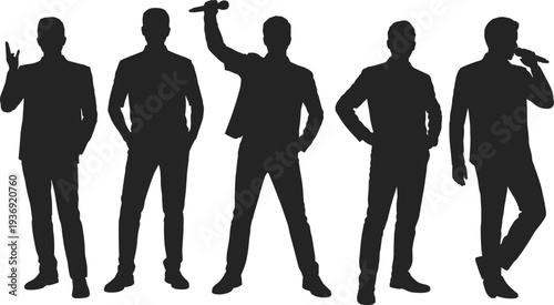 Male singer silhouettes holding microphone and posing isolated on white background representing music performance, stage entertainment, concert artist and modern lifestyle