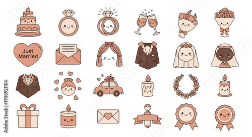 Cute Kawaii Wedding Icons Set, Brown and Peach Wedding Vector Illustrations for Bridal Shower and Marriage Decorations