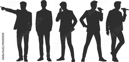 Male singer silhouettes performing with microphone in different stage poses isolated on white background representing music performance, entertainment industry and show business
