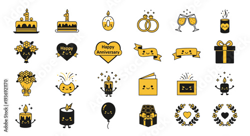 Kawaii Anniversary and Birthday Celebration Vector Icon Set, Cute Yellow and Black Party Elements for Greeting Cards and Invitations