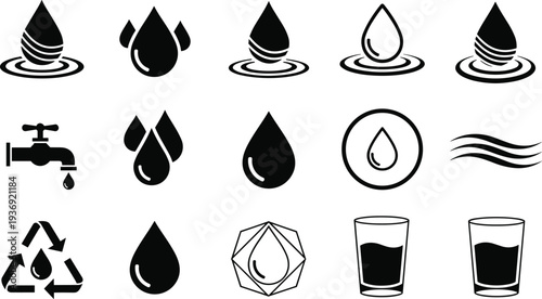 Black and White Water Icon Vector Collection with Droplets, Conservation, Usage, and Purity Symbols for Environmental, Decorative, and Educational Design Use
