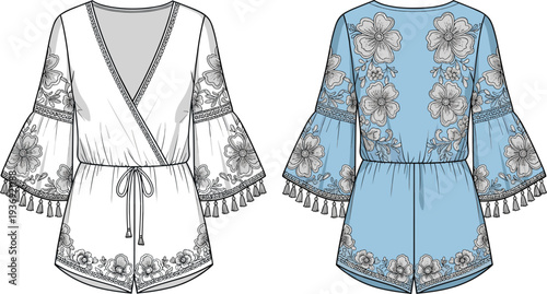 Floral boho romper mockup, front and back view summer playsuit with tassel trim and embroidery design
