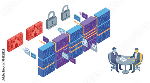 Secure Data Center Collaboration With Server Racks And Locks. Vector Illustrations. EPS Editable