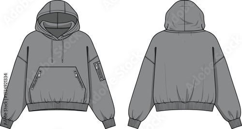 Gray oversized hoodie mockup, front and back view pullover sweatshirt with zipper pockets isolated on white background vector illustration
