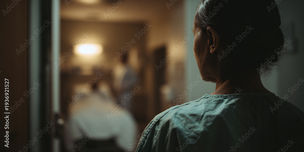 Fototapeta premium Elderly South Asian woman in hospital gown looking down hallway at blurred patient in bed, concept of care and hope