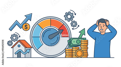 Stressed Leader Analyzes Growing Finance Trends For Strategy. Vector Illustrations. EPS Editable