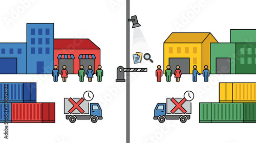 Split City Freight and Trade Visual Scene. Vector Illustrations. EPS Editable