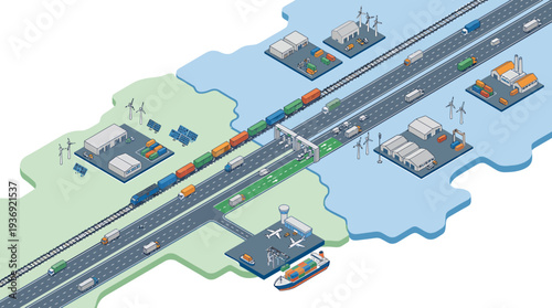 Stylized Transportation Map Highlighting Highways and Vehicles. Vector Illustrations. EPS Editable