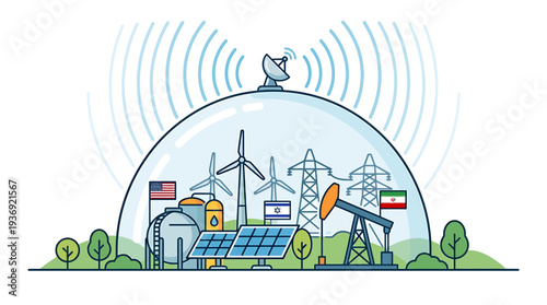 Sustainable Energy City Under Glass Dome with Wind and Solar. Vector Illustrations. EPS Editable