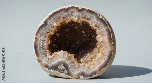 Geode cross-section showing crystalline interior; light tans, browns, whites