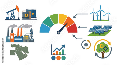 Sustainable energy concepts with wind turbines solar panels and industry. Vector Illustrations. EPS Editable