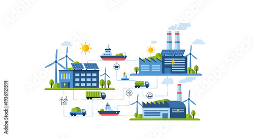 Sustainable Industrial Landscape With Wind Turbines And Ships. Vector Illustrations. EPS Editable