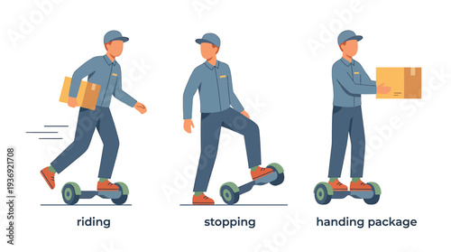 Three Delivery Scenarios Featuring a Courier on Hoverboard Completing Package Handovers. Vector Illustrations. EPS Editable