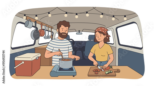 Two Chefs at a Food Truck Kitchen Ready to Serve. Vector Illustrations. EPS Editable