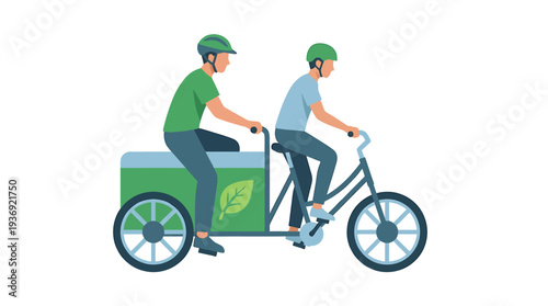 Two Riders on Eco Friendly Pedicab Ride. Vector Illustrations. EPS Editable