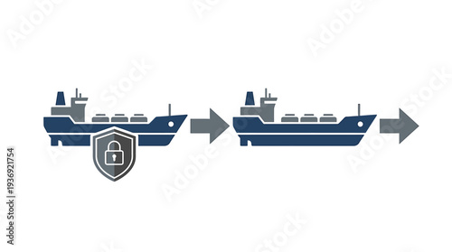 Two Cargo Ships Transition Icon with Shield Emblem. Vector Illustrations. EPS Editable