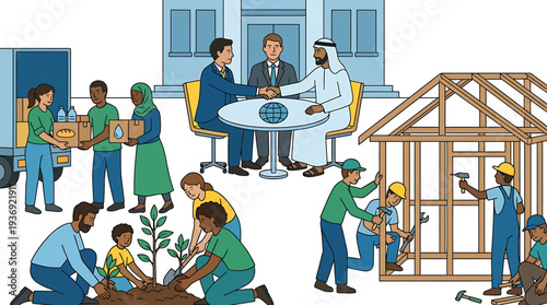 Vibrant Community Garden and Construction Project Scenes. Vector Illustrations. EPS Editable