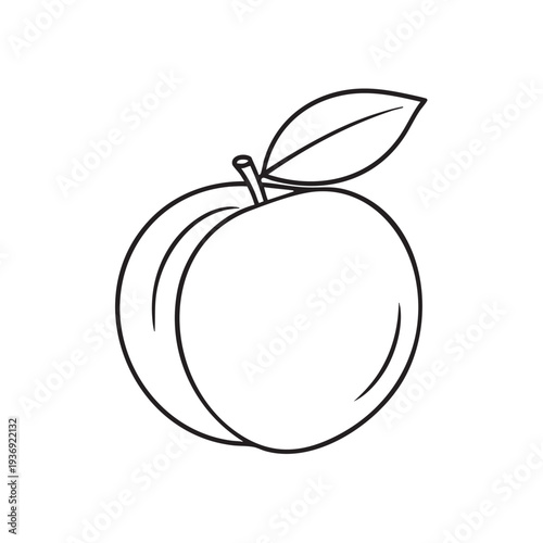 Simple line drawing of a ripe peach with a single leaf attached to stem, isolated on white background, symbol of freshness and summer
