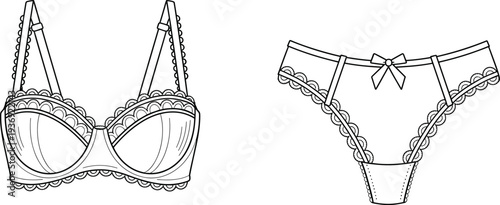 Technical fashion illustration of lingerie set featuring bra with lace trim, underwire cups, adjustable straps, and panties with bow detail, showcasing garment design and sewing pattern