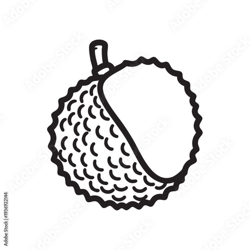 Stylized black outline of a lychee fruit with rough textured skin partly peeled revealing smooth interior a unique and exotic fruit representation