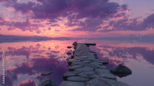 scenic twilight landscape with calm lake and stone pier, vibrant purple sky reflection, peaceful and atmospheric nature scene