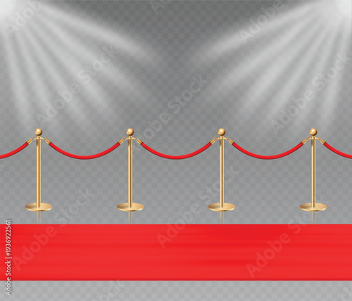 Red carpet path with golden poles and shining spotlights. Realistic vector illustration on transparent background