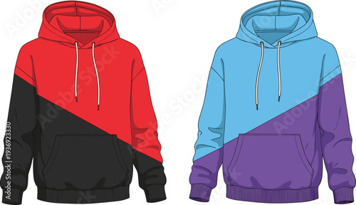 Modern color block hoodie mockup, trendy casual sweatshirt design, red black blue purple pullover apparel isolated on white background vector