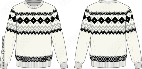 Nordic pattern sweater mockup illustration, winter fair isle pullover front and back view cozy knitted apparel design template