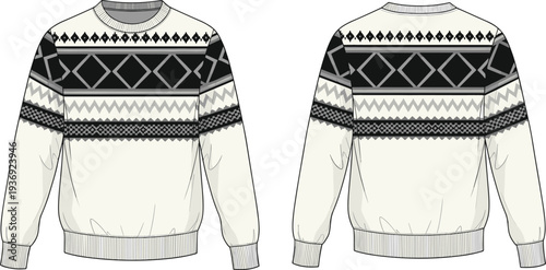 Nordic pattern sweater mockup, front and back view winter knit pullover with geometric Fair Isle design isolated background