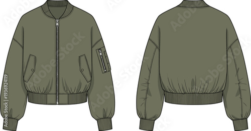 Olive green bomber jacket mockup, front and back view, modern military style unisex outerwear apparel template design