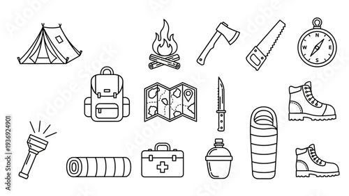 Camping Gear Icons: Tent, Backpack, Fire, Axe, Map, Boots, Flashlight
