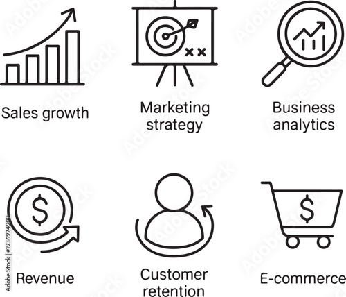 Business Growth & Marketing Analytics Line Icons – Revenue, E-commerce Thin Stroke Set