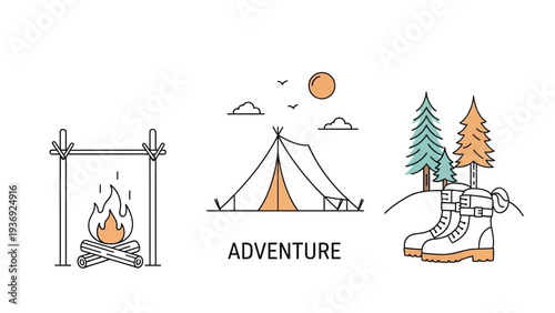 Illustration of Camping Adventure: Campfire, Tent, Hiking Boots and Nature Scene