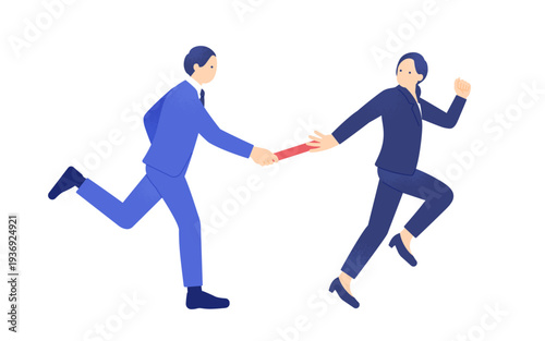 事業承継や業務の引き継ぎ。バトンを渡す男女のビジネスイラスト。