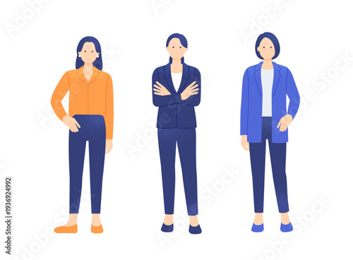 自信と実力に満ちた女性リーダー。バリバリ働く有能な女性の全身ベクターイラスト素材。