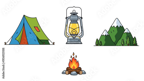 Camping Gear and Mountain Landscape Icons: Tent, Lantern, Campfire, Mountains
