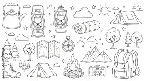 Camping Adventure Gear and Elements Hand Drawn Sketch Vector Illustration