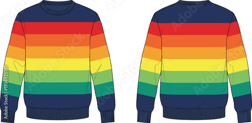 Rainbow striped sweatshirt mockup, front and back view colorful unisex pullover isolated on white background vector illustration