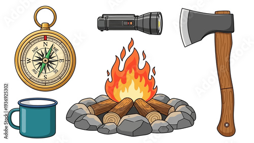Camping Gear Icons: Compass, Campfire, Flashlight, Axe, Mug