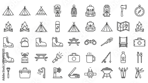 Camping Icons Set: Tents, Backpacks, Lanterns, Tools, and Equipment
