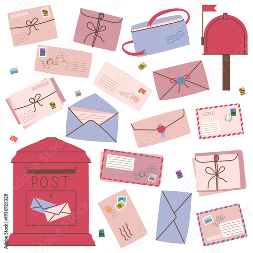 Charming collection of vintage-style letters, stamps, and post boxes.
