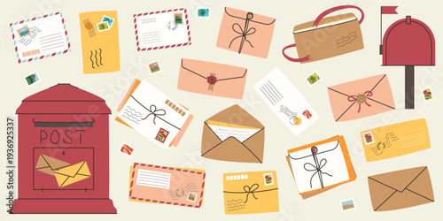 Charming collection of vintage-style letters, stamps, and post boxes.