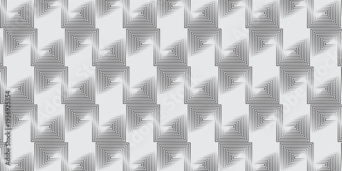 Minimalist seamless geometric pattern, repeating square tiles with concentric corner spiral lines, precise symmetry