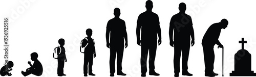 Black silhouette vector illustration showing stages of human life from infancy to death, symbolizing aging, development, mortality, psychology, biology, and generational lifestyle design concepts.
