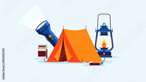 Camping gear: tent, lantern, flashlight, matches on light blue background