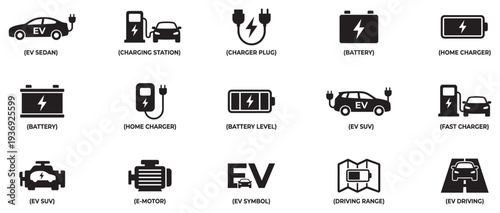 Electric Vehicle and Charging Station Icon Set. Flat Design EV Infrastructure Symbols for Eco Transport. Vector Illustration.