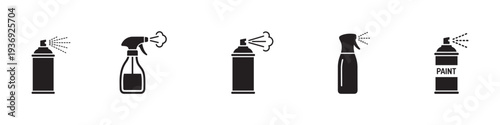 Spray bottle and aerosol can icon set, cleaning supplies, paint spray and cosmetic atomizer, flat. Vector Illustration.