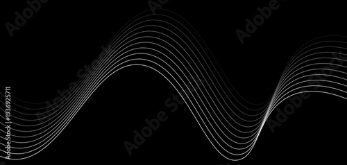 Abstract Futuristic Monochrome Wave Lines: A Series of Fluid White Curved Lines and Dynamic Sound Wave Patterns on a Minimalist Black Background for Digital Technology and Creative Design.